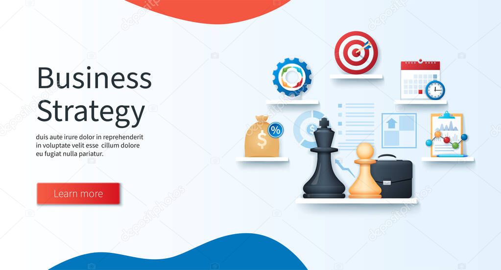 Business strategy banner. Target, teamwork, calendar, strategy, chessmen, contract icons. Financial concept. Web vector illustration in 3D style