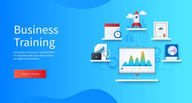 İş eğitimi afişi. Grafik, roket, diploma, öğretim, program simgeleriyle projektör ekranı. Sunum konsepti. Web vektör iniş sayfası şablonu 3B biçiminde