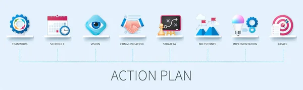 Action Plan Banner Icons Teamwork Schedule Vision Communication Strategy Milestones — Stock Vector