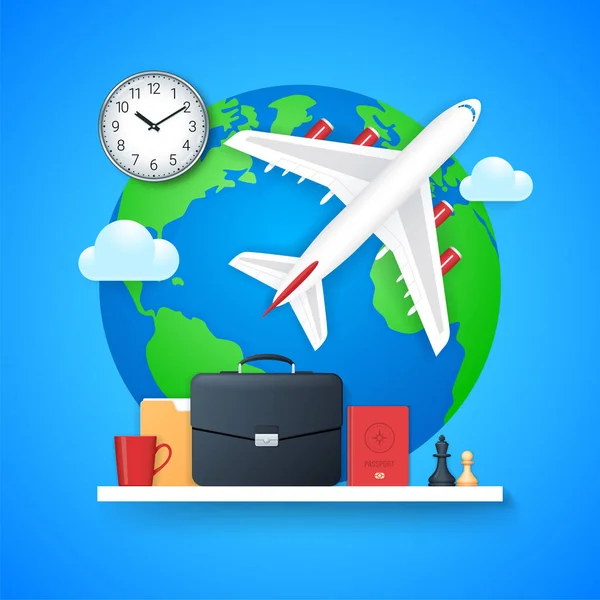 Seyahati Kavramı Dünya Arka Planında Uçan Uçak Çantası Pasaport Satranç — Stok Vektör