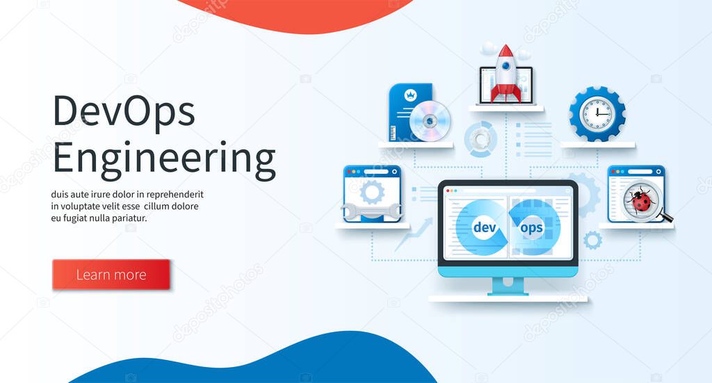 DevOps engineering banner. Computer with infinity symbol on screen. Software, bug search, development, launch product icons. Business concept. Web vector landing page template in 3D style