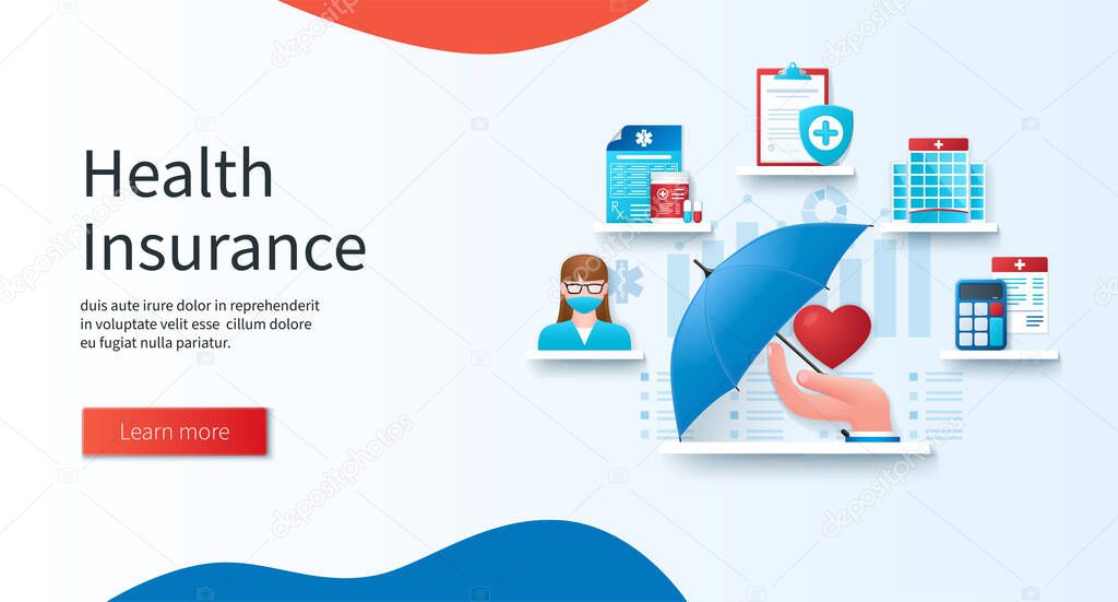 Health insurance concept. Doctor, calculation, guarantee, hospital, medicines icons. Health care and protection banner. Web vector illustrations in 3D style
