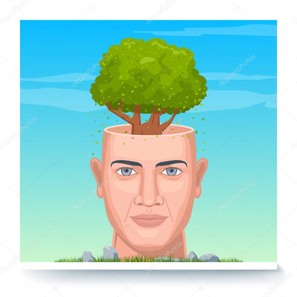 Personal growth concept. Head with symbolic knowledge tree. Self-improvement and self development banner. Web vector illustration in 3D style