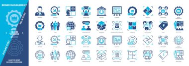Marka Yönetimi simgesi seti. İtibar, Hedef Pazarlar, Miras, Tüketiciler, Tedarik Zinciri, Sosyal Medya, Hedefler, Paketleme. Duotone rengi katı ve düzenlenebilir dış hat simgeleri