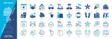 Seyir simgesi seti. Alışveriş, Flip Flop, Sea Port, Kaptan, Fotoğraf, Güneş gözlüğü, Parti, Lifebuoy. Duotone rengi katı ve düzenlenebilir dış hat simgeleri