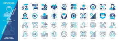 İtibar simgesi seti. Şöhret, Prestij, Liderlik, Saygı, Toplum, Güven, Yönetim, İlişki. Duotone rengi katı ve düzenlenebilir dış hat simgeleri