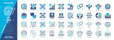 Sosyoloji ikonu hazır. Refah, İnsan Toplumu, Kültür, Cinsiyet, Sosyal Davranış, Din, Sosyal Sermaye, Laikleşme. Duotone rengi katı ve düzenlenebilir dış hat simgeleri