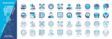 Çalışma Tasarım simgesi seti. Planlama, İnsan Kaynakları, Araştırma, Örgüt, İş Güvenliği, İlişki, Üretim, Psikoloji. Duotone rengi katı ve düzenlenebilir dış hat simgeleri