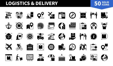 Lojistik ve Teslimatla ilgili 50 sağlam simge seti. Planlama, dağıtım, rota, sipariş, sevkiyat, minibüs, nakliye ve daha fazlasını içeriyor. Web, mobil uygulama ve bilgi grafikleri için piktogramlar