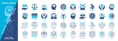 Ruh sağlığı ikonu seti. Sağlıklı Yaşam Tarzı, Yetenek, Refah, İyimserlik, Depresyon, Yeterlilik, Stres Yönetimi, Sağlık. Duotone rengi katı ve düzenlenebilir dış hat simgeleri