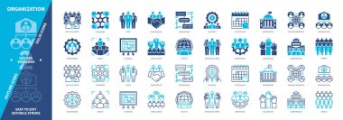 Organizasyon simgesi seti. Takım çalışması, Organize Suçlar, Grup, Çevrimiçi Toplum, Prosedürler, Personel, Takvim, İş. Duotone rengi katı ve düzenlenebilir dış hat simgeleri