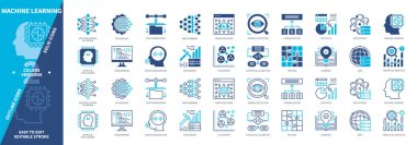 Makine Öğrenme simgesi seti. Desen, İstatistik, Programlama, Veri Bilimi, Kümelenme, Veri Madenciliği, Algoritma, Derin Öğrenme. Duotone rengi katı ve düzenlenebilir dış hat simgeleri
