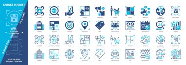 Hedef pazar simgesi ayarlandı. Şirket, Tüketici, Verimlilik, CRM, Hedef, Pazarlama, Promosyon, Analiz. Duotone rengi katı ve düzenlenebilir dış hat simgeleri