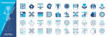 Kitle kaynak ikonu seti. Katılımcılar, Fon, Çevrimiçi Platform, Piyasa, İnternet, İşbirliği, Görevler, Hayırseverlik. Duotone rengi katı ve düzenlenebilir dış hat simgeleri