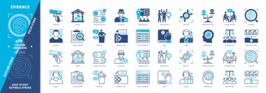 Kanıt ikonu ayarlandı. Suçlu, Tanık, Dedektif, Sorgulama, Yemin, Dedektif, DNA testi, Yargıç. Duotone rengi katı ve düzenlenebilir dış hat simgeleri