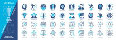 Yaşam becerileri simgesi seti. Nitelikler, İletişim, Empati, Üstünlük, Özgüven, Dayanıklılık, Adaptasyon, Problem Çözülebilirlik. Duotone rengi katı ve düzenlenebilir dış hat simgeleri