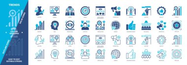 Moda simgesi ayarlandı. Moda, Tavsiye, Büyüme, Popüler, Kalite, Pazarlama, Terfi, Başarı. Duotone rengi katı ve düzenlenebilir dış hat simgeleri