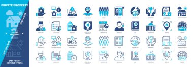 Özel Mülkiyet simgesi seti. Yasal Haklar, Kişisel Mülkiyet, Gayrimenkul, Hukuk, Bireysel, Miras, Arazi Sahibi, Sahiplik. Duotone rengi katı ve düzenlenebilir dış hat simgeleri