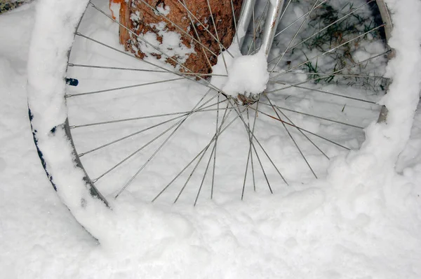 Stary Rower Ogrodzie Pokryty Śniegiem — Zdjęcie stockowe