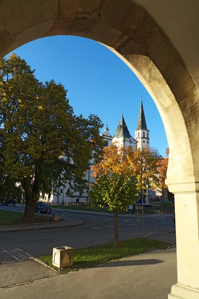 Ciudad medieval con ayuntamiento e iglesia — Foto de Stock