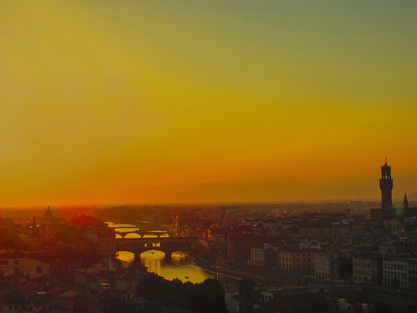 Sunset in Florence with river Arno and Ponte Vecchio