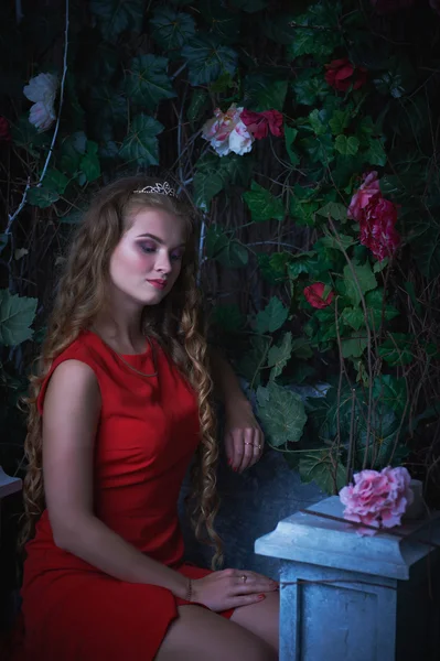 Conte de fées. Belle princesse en robe rouge assise dans un jardin mystique — Photo