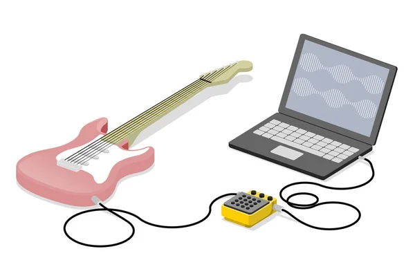 Illustration av gitarr, effektpedal och laptop — Stock vektor