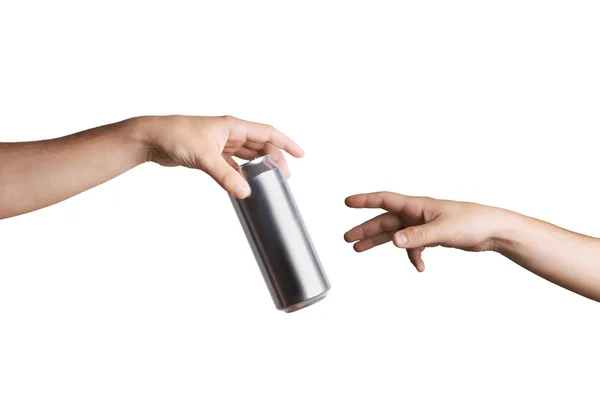 Male hand giving a beer can to another person — Stok fotoğraf
