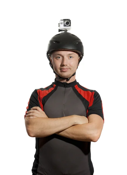 Sportieve man in helm met actiecamera. Geïsoleerd op wit. — Stockfoto