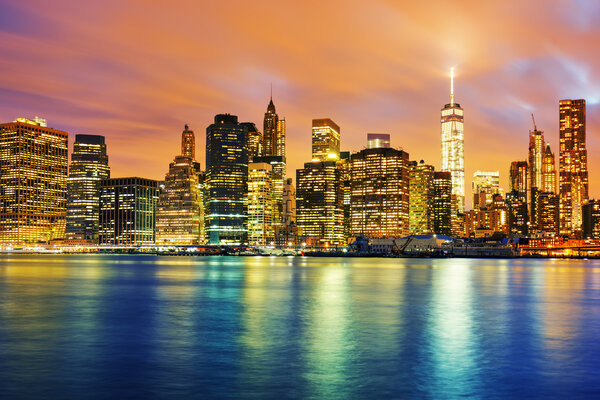 View of Manhattan at sunset, New York City. View from Brooklyn