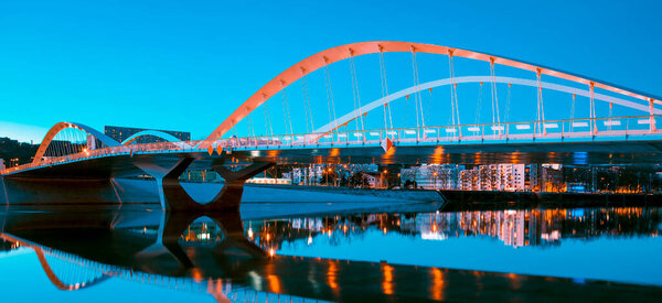 View of Schuman bridge by night, Lyon, France.