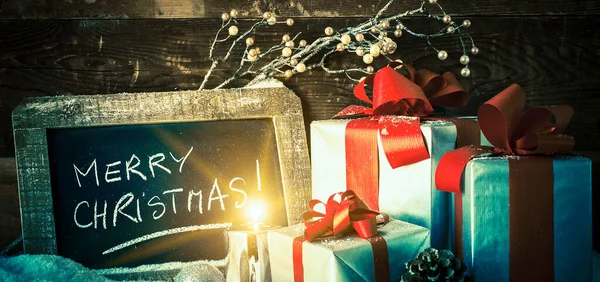 Merry Christmas Slate Gifts Candle — Stock Photo, Image