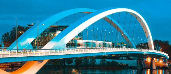 Tramway Crossing Bridge Night Lyon France — Stock Photo, Image