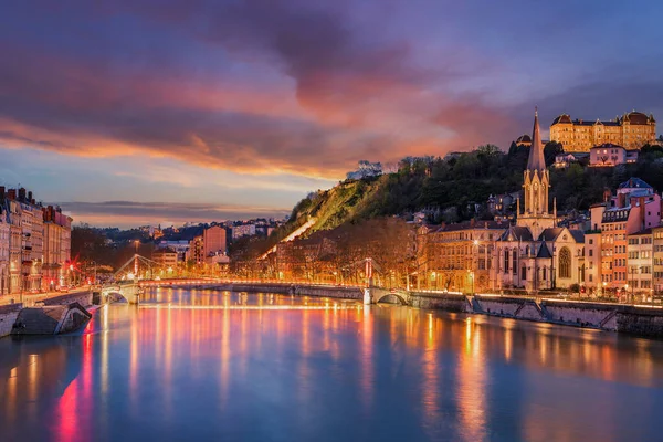 Uitzicht Rivier Saone Lyon Stad Avonds Frankrijk — Stockfoto