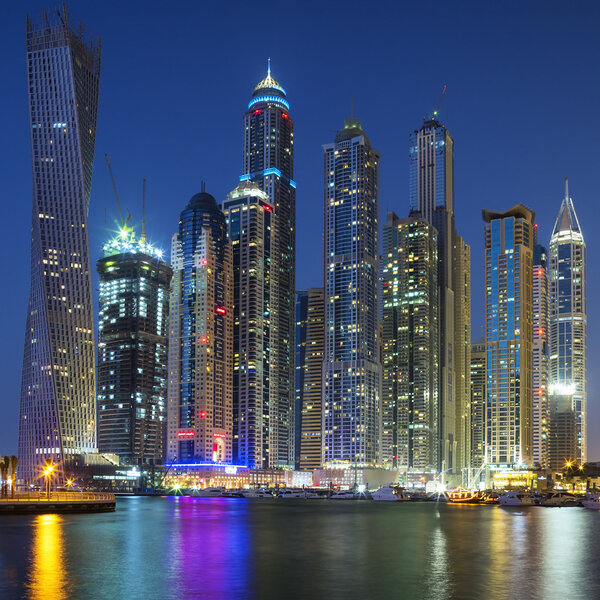 Dubai Marina captured in the dusk.