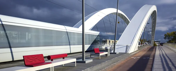 Tramway crossing a bridge — Stock Photo, Image