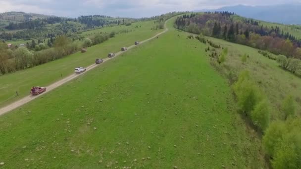 Geländewagen-Konvoi unterwegs durch die Berge der Karpaten. die Kamera fliegt über Bäume und Felder über Felsen und Wiesen — Stockvideo