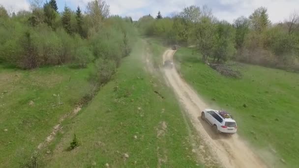 Geländewagen-Konvoi unterwegs durch die Berge der Karpaten. die Kamera fliegt über Bäume und Felder über Felsen und Wiesen — Stockvideo