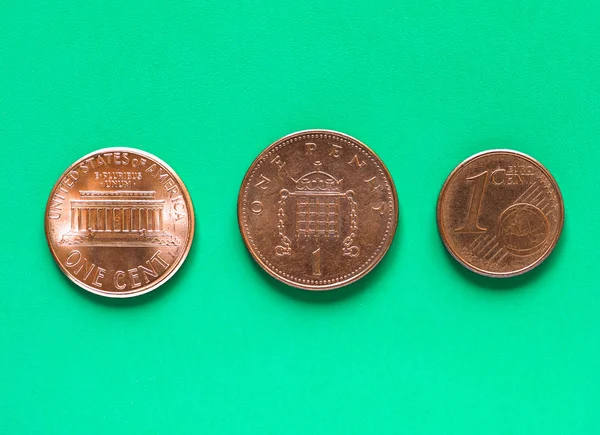 Dollars, Euro and Pounds - 1 Cent, 1 Penny — Stock Photo, Image
