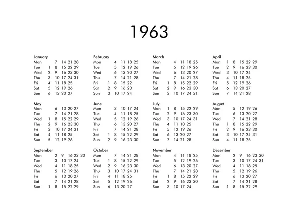 Kalender tahun 1963 — Stok Foto