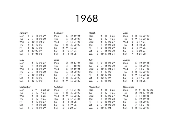 Kalendář roku 1968 — Stock fotografie