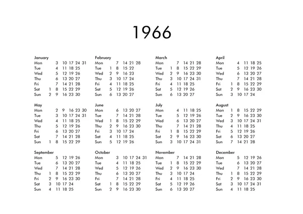 Kalender voor het jaar 1966 — Stockfoto