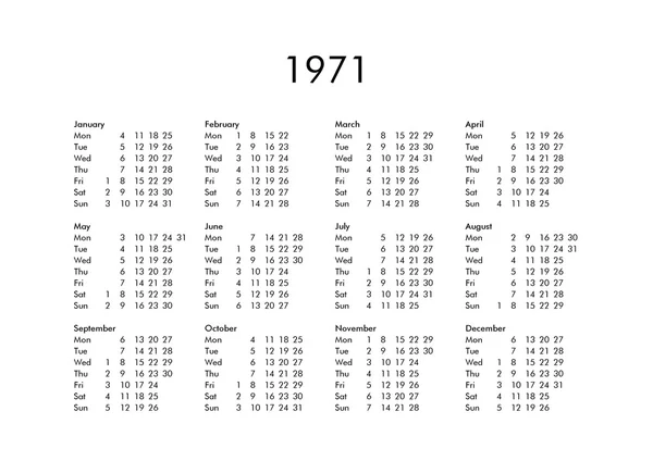 Kalender voor het jaar 1971 — Stockfoto