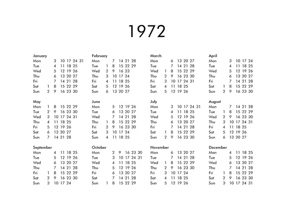 1972 年のカレンダー — ストック写真
