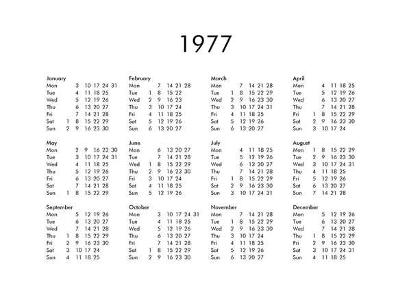 Kalender voor het jaar 1977 — Stockfoto