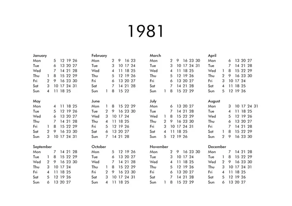 Kalender voor het jaar 1981 — Stockfoto