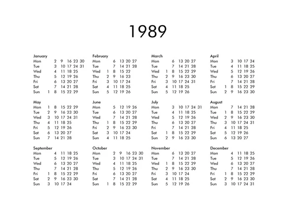 Kalender tahun 1989 — Stok Foto