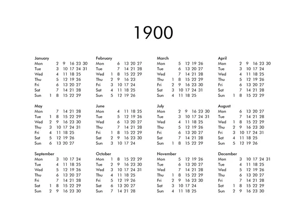 1900 年的日历 — 图库照片