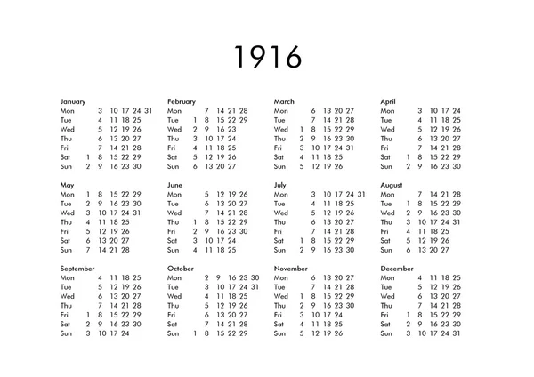 1916 年のカレンダー — ストック写真