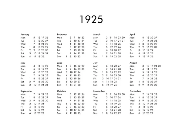 Jahreskalender 1925 — Stockfoto